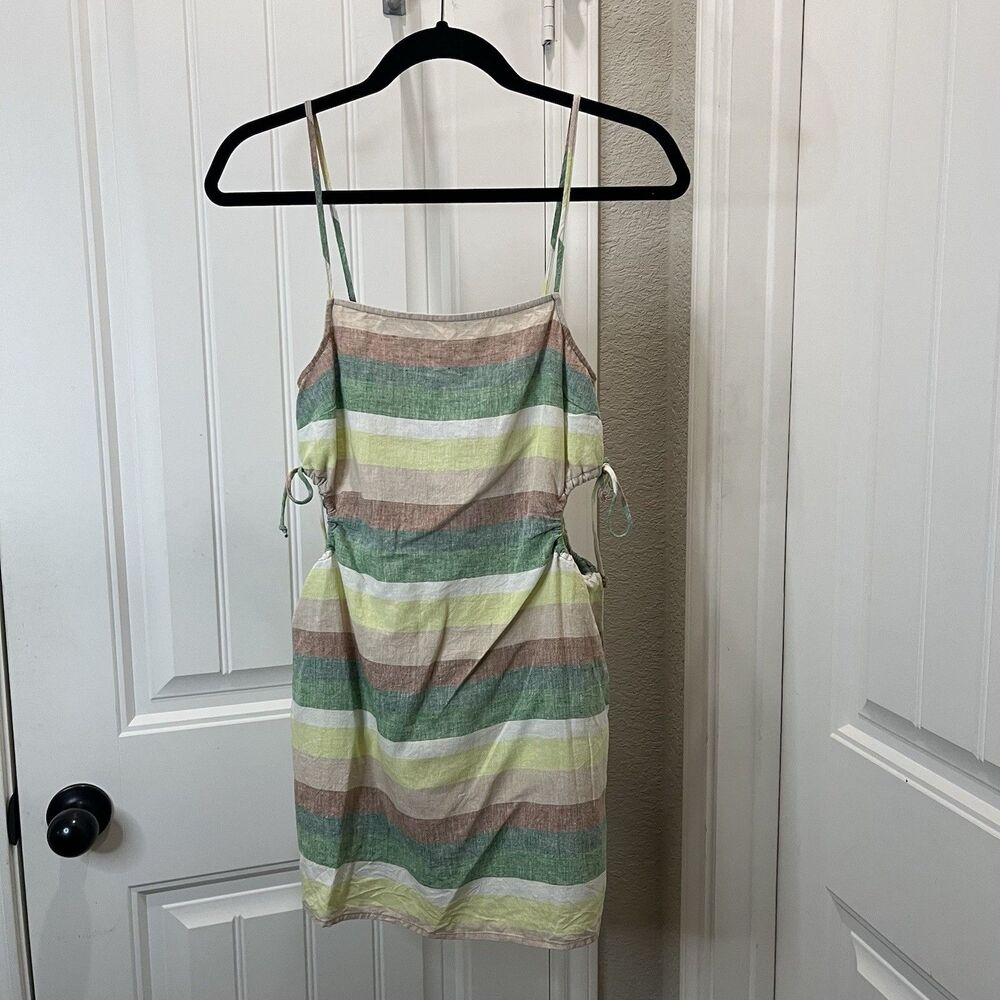 Aerie Mini Dress Womens Sz XS Striped Linen Blend Side Cut Out Smocked Beachy